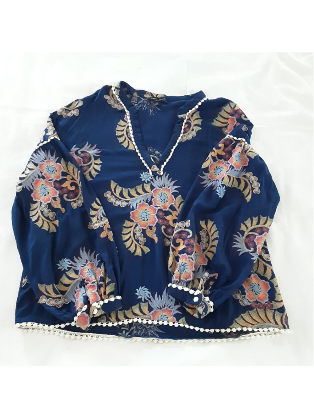 Women’s Navy Floral Embroidered Boho Blouse Pom-Pom Trim